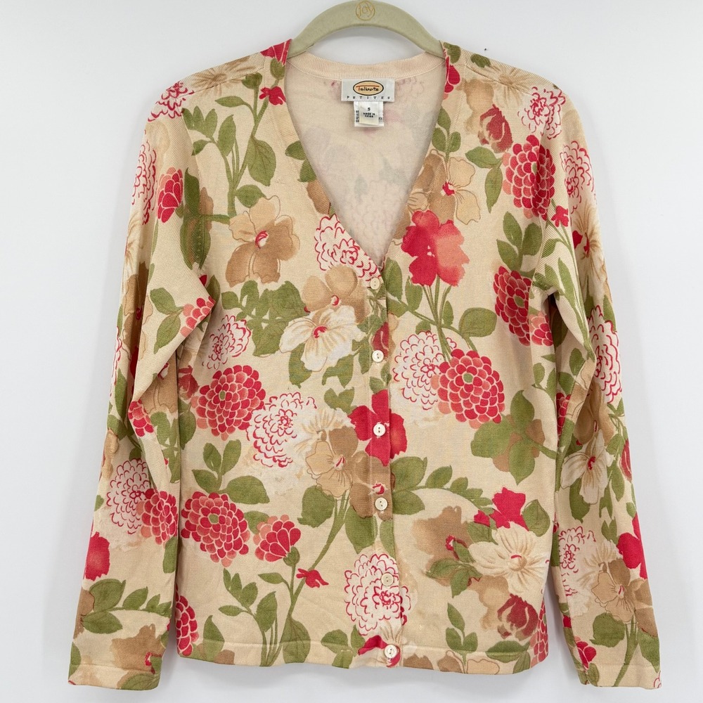 Talbots Petites Vintage Silk Blend Floral Colorful Cardigan Sweater Size Small